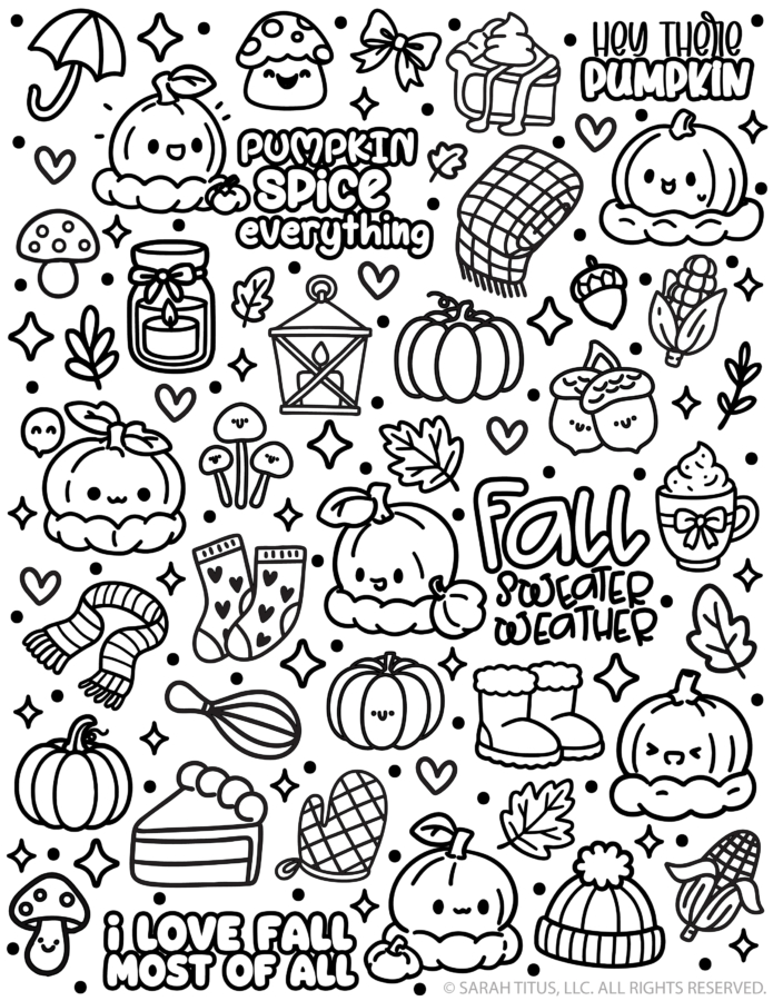 Cute fall stickers coloring page with pumpkins, leaves, and cozy autumn doodles, printable kawaii sticker sheet for kids.