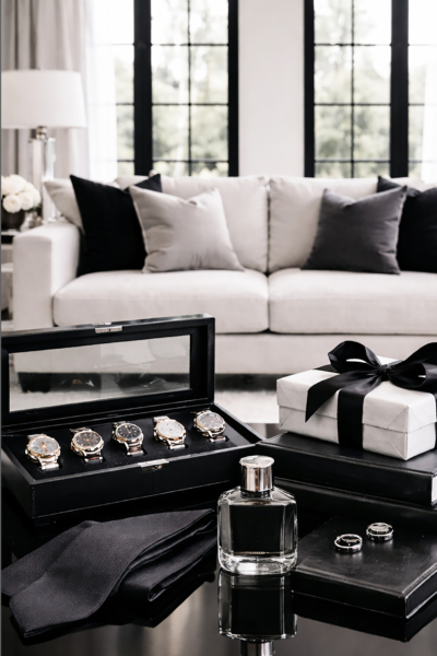 Luxury Father's Day scene with watches, a wrapped gift, cologne, and rings on a black table in a modern black and white living room.