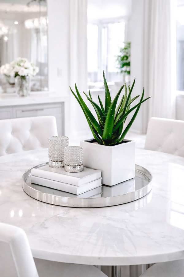 Aloe plant in a square white planter styled on a round marble dining table in a bright Z Gallerie inspired dining room with silver tray accents and chic white tufted chairs.