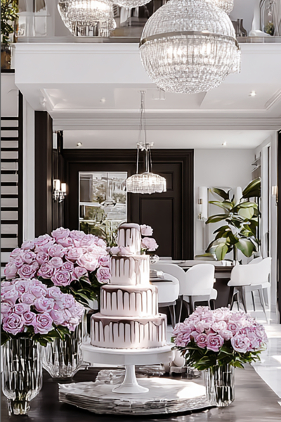 Elegant cake surrounded by pink roses in a bright luxury black and white home interior.