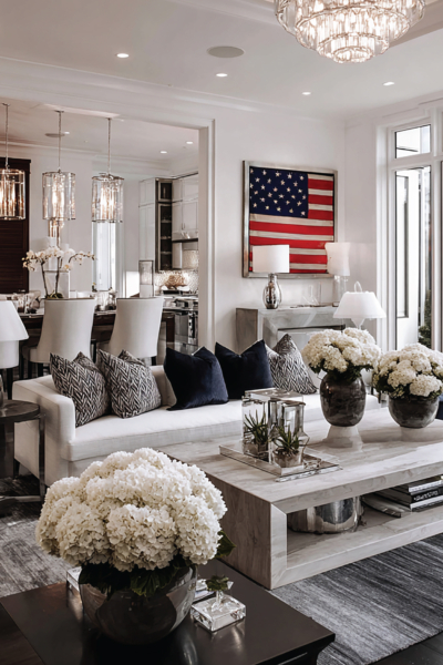 Elegant patriotic living room with white hydrangeas, marble tables, crystal chandeliers, and American flag wall art.