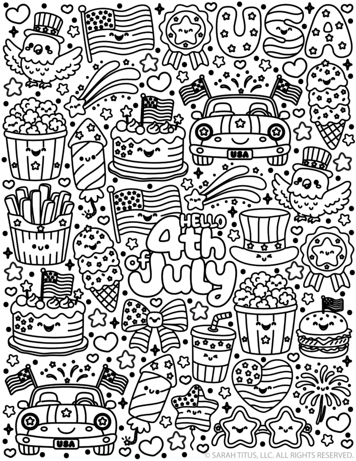 Hello 4th of July coloring page with kawaii patriotic doodles, USA letters, flags, fireworks, eagle, car, treats, and summer celebration images.