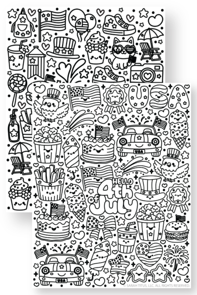 Hello 4th of July coloring pages with cute patriotic doodles, USA letters, flags, fireworks, ice cream, popcorn, and kawaii summer images.