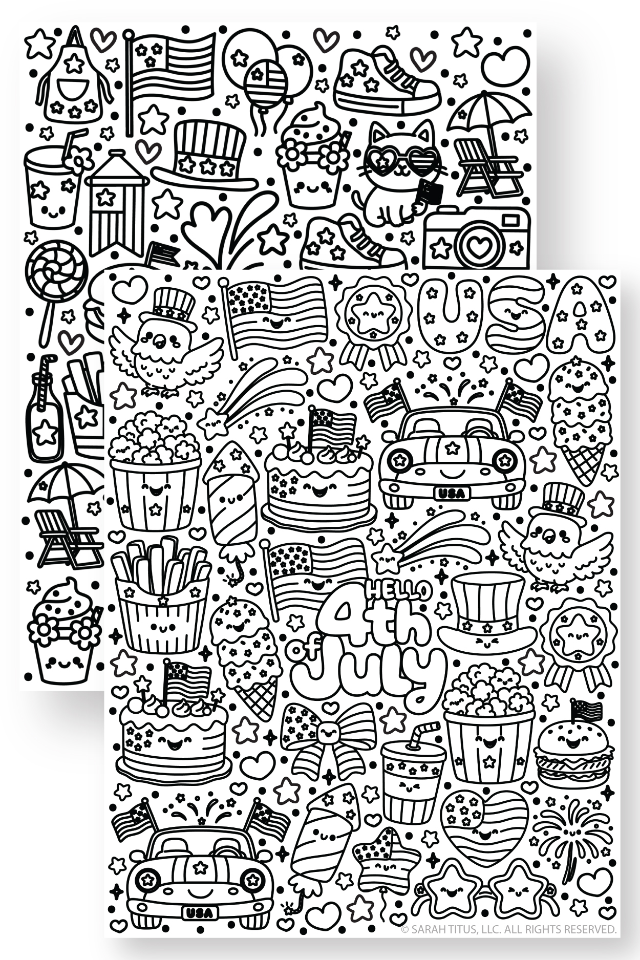 Hello 4th of July coloring pages with cute patriotic doodles, USA letters, flags, fireworks, ice cream, popcorn, and kawaii summer images.