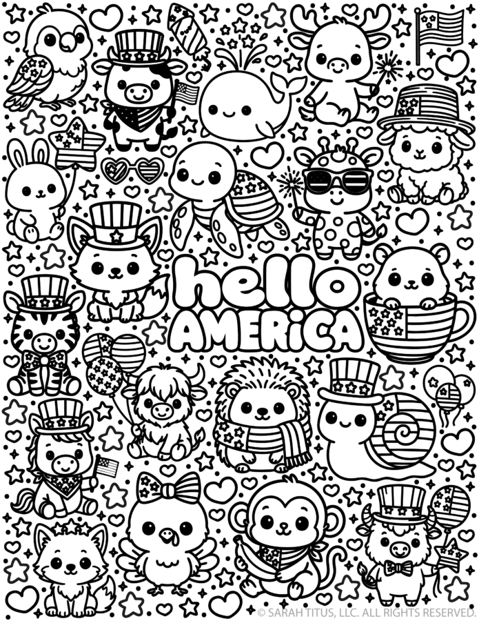 Black and white printable coloring page featuring cute animals holding American flags and fireworks while wearing patriotic hats surrounding the words hello AMERICA.