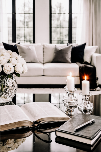 Open Bible, candles, black journal, and white roses on a glossy black coffee table in a modern black and white living room.