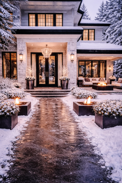 Snowy winter home exterior with cozy lights, fire pits and snow covered trees in the evening