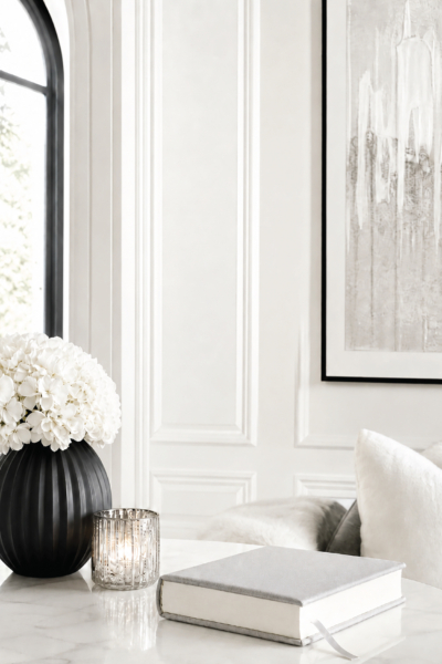 Black vase with white flowers, candle, and Bible on white table for 30 Bible verses about joy