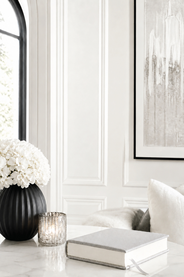 Black vase with white flowers, candle, and Bible on white table for 30 Bible verses about joy
