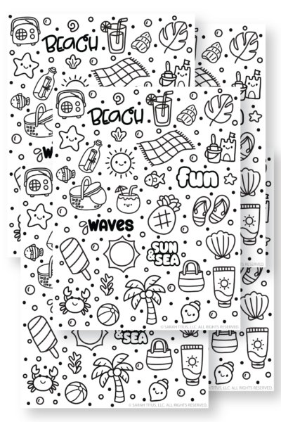 Stack of two printable beach coloring sticker pages with cute ocean doodles, seashells, waves, palm trees, beach bags, flip flops, and kawaii summer designs to color.