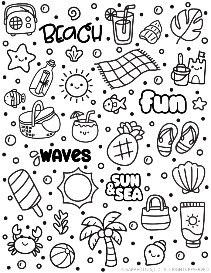 Beach coloring stickers printable with cute ocean doodles, seashells, waves, sunshine, palm tree, flip flops, beach bag, crab, fish, and kawaii seaside designs.