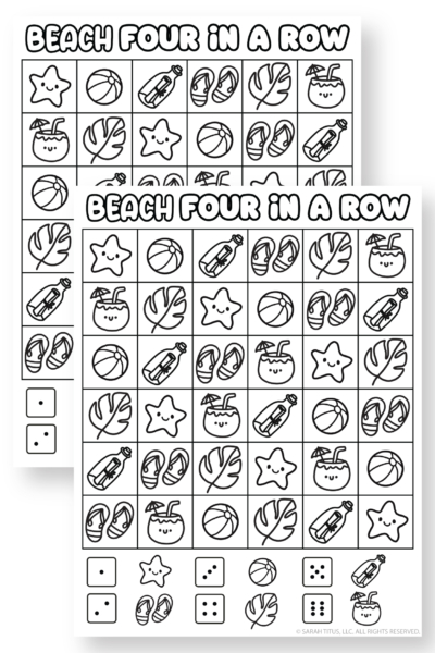 Stacked printable mockup of a beach four in a row game with two black-and-white pages featuring cute beach-themed illustrations.