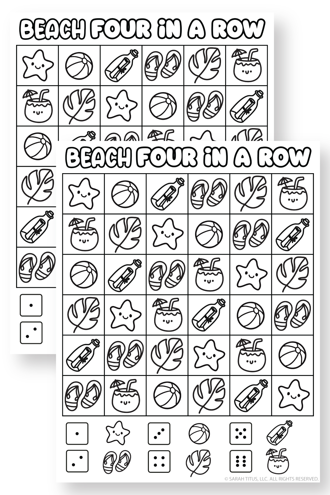 Stacked printable mockup of a beach four in a row game with two black-and-white pages featuring cute beach-themed illustrations.