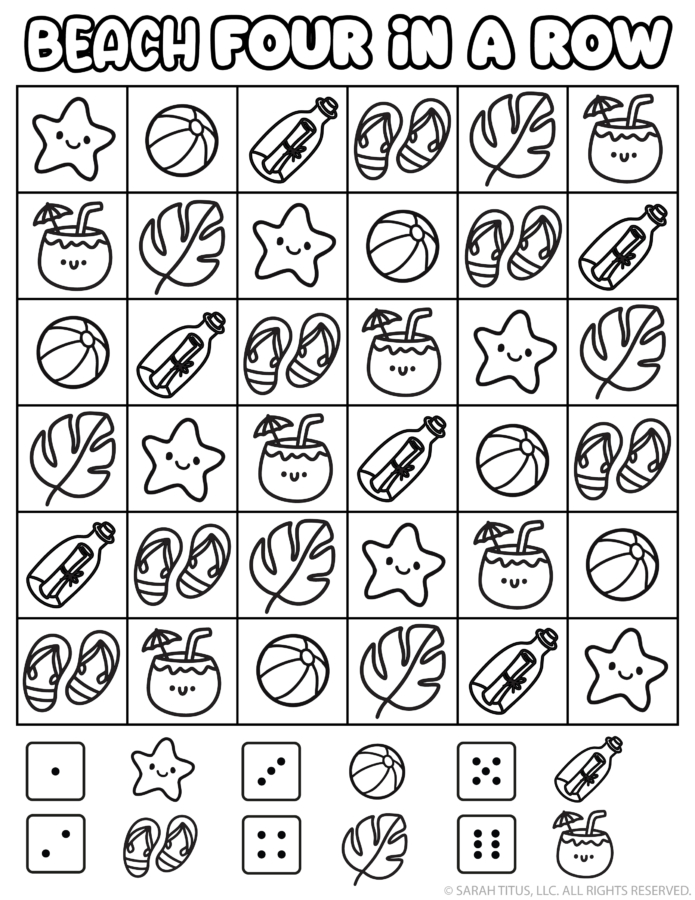 Beach four in a row printable board game with kawaii starfish, beach ball, message bottle, flip flops, tropical leaf, and coconut drink icons.