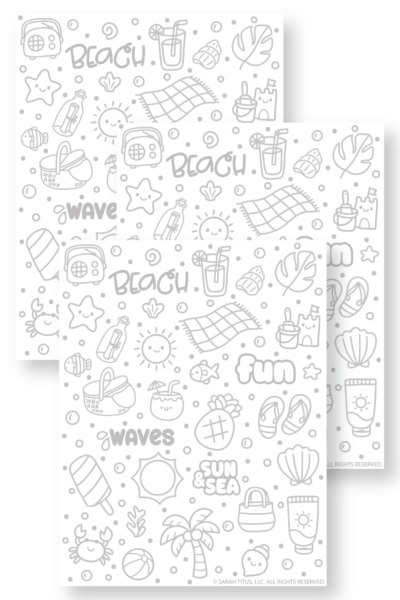 Stack of two printable beach hand lettering doodles practice sheets with cute ocean doodles, seashells, waves, flip flops, sunscreen, palm tree, and kawaii beach icons.
