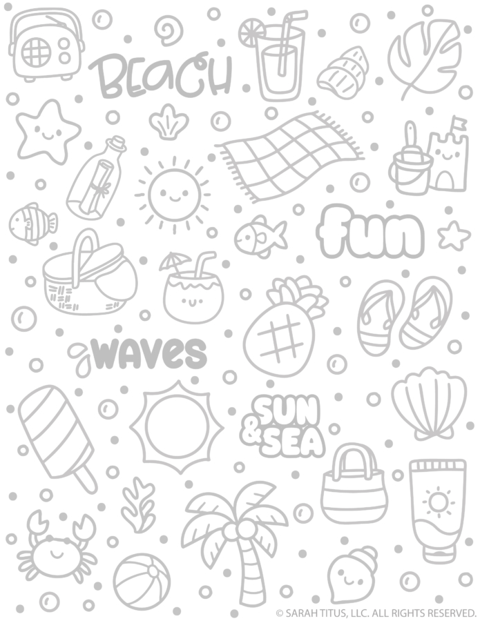 Beach hand lettering doodles practice sheet with cute ocean drawings, waves lettering, seashells, starfish, flip flops, sunscreen, palm tree, beach bag, and kawaii summer doodles.