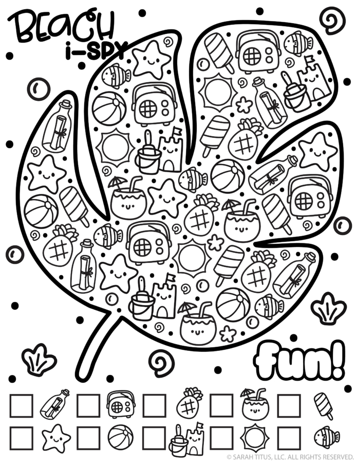Beach I-Spy printable game with cute ocean doodles inside a large leaf shape, including starfish, fish, beach balls, radios, popsicles, sandcastles, and checkboxes to count each item.