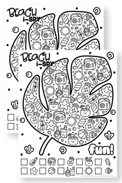 Stacked beach I-Spy printable game pages with cute ocean doodles, checkboxes, beach balls, starfish, fish, popsicles, and kawaii summer beach icons.