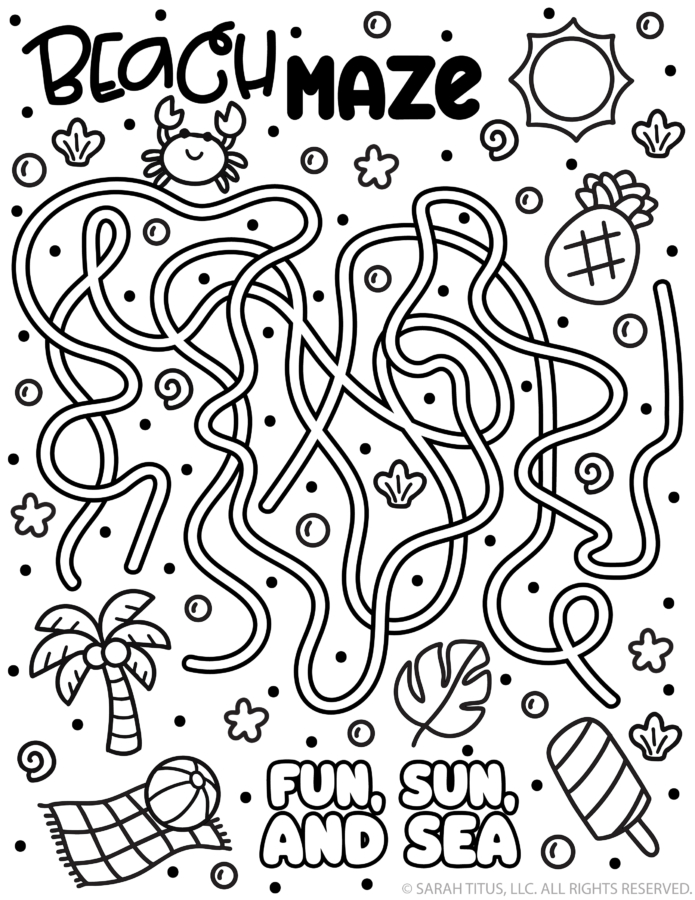 Cute beach maze printable with ocean waves, seashells, sunshine, palm tree, beach towel, popsicle, and fun sun and sea coloring page details.