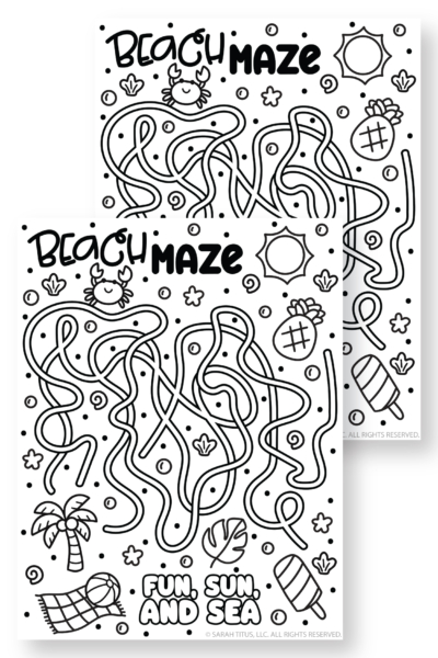 Stack of two cute beach maze printables with seashells, palm trees, ocean doodles, and beach activity pages for kids to solve and color.