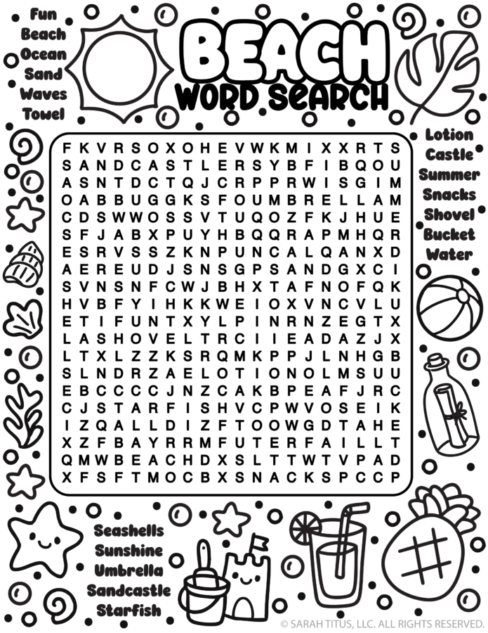 Beach word search printable with summer words, ocean-themed doodles, seashells, sandcastle, beach ball, starfish, and cute black-and-white coloring designs.