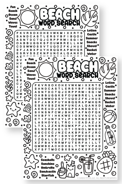 Beach word search printable featured image showing a stacked set of two black-and-white beach-themed word search pages with cute ocean doodles, seashells, beach ball, sandcastle, and starfish designs.