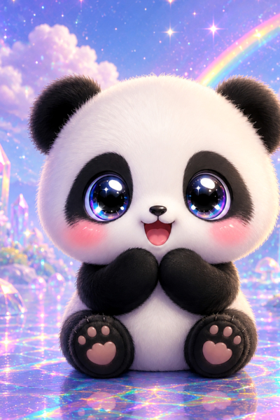 Adorable black-and-white kawaii panda with sparkling eyes on a pastel rainbow holographic background for black and white words A-Z.