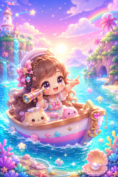 Kawaii ocean adventure printable image with a cute girl sailing in a pink boat, holding a telescope near a dreamy island, lighthouse, rainbow, seashells, and sparkling blue water.