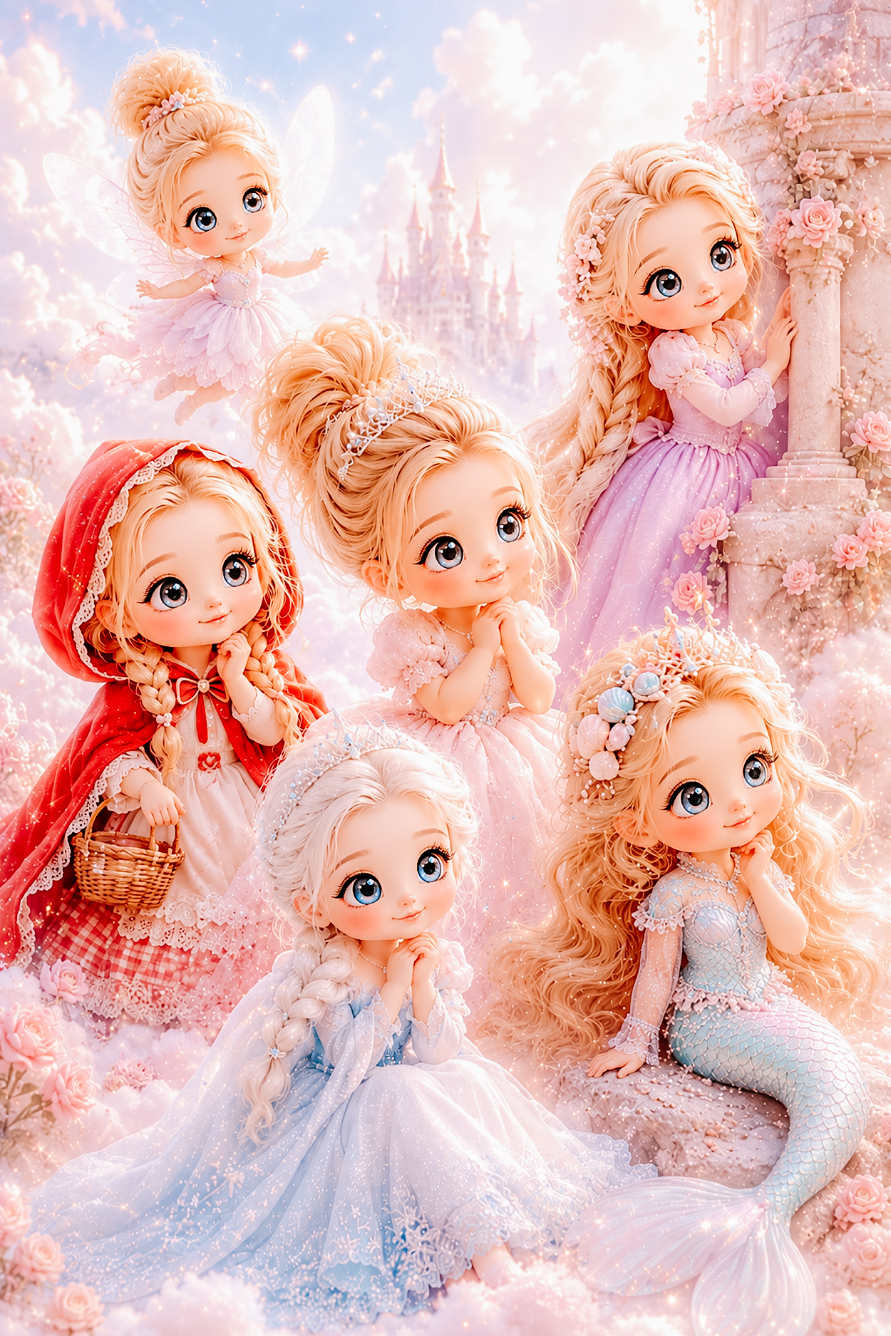 Cute chibi fairy tale characters with a princess, mermaid, fairy, snow queen, red riding hood, and castle background for fairy tale characters A-Z.