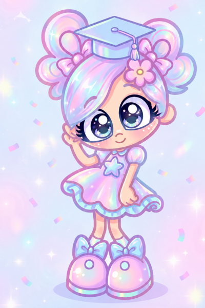 Kawaii graduation girl wearing a cap with pastel iridescent hair, big eyes, pink bows, and a cute sparkly dress.