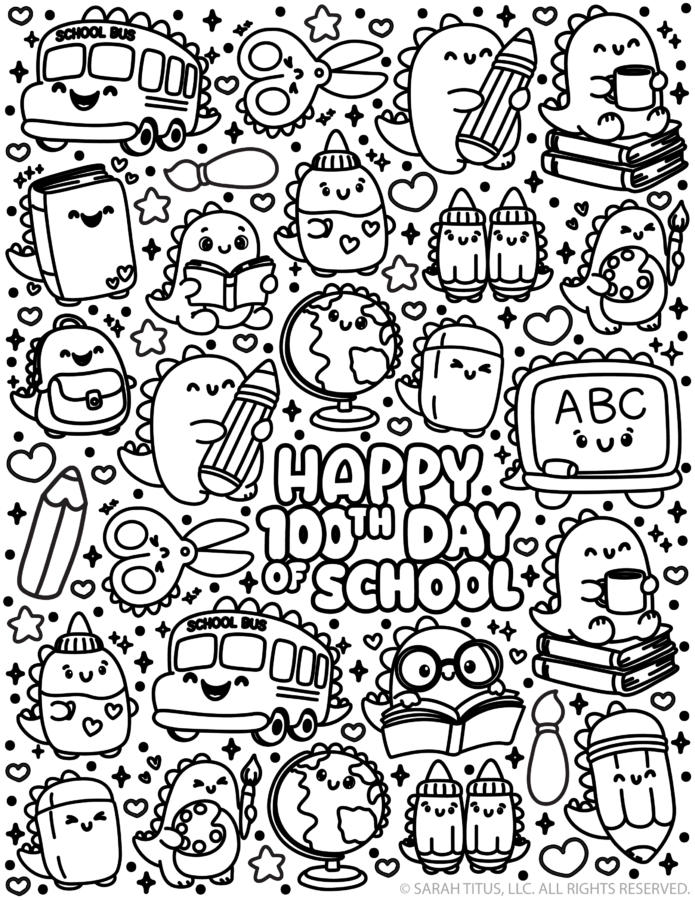 Hello 100th Day of School coloring page with cute kawaii school bus, pencil, glue, crayons, books, globe, ABC board, scissors, backpack, and happy classroom doodles.