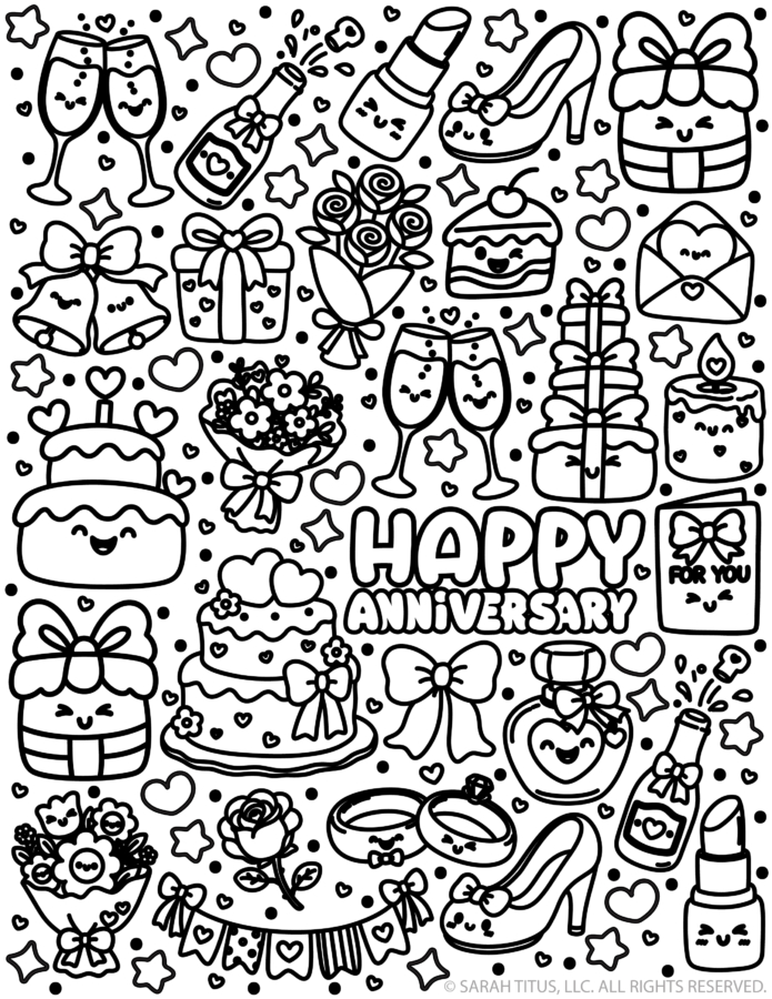 Hello Anniversary coloring page with cute black and white celebration doodles including gifts, flowers, rings, cake, bows, hearts, love notes, and kawaii anniversary images.