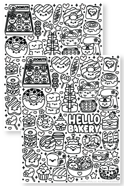 Hello Bakery coloring page printable with cute kawaii bakery doodles, including donuts, cupcakes, bread, cake, croissants, cookies, pretzels, and a stand mixer