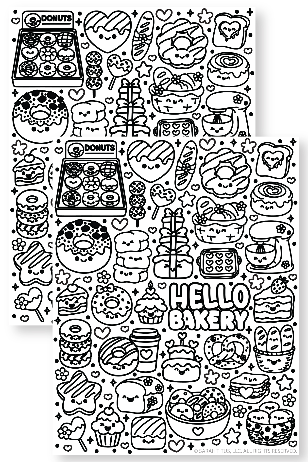 Hello Bakery coloring page printable with cute kawaii bakery doodles, including donuts, cupcakes, bread, cake, croissants, cookies, pretzels, and a stand mixer