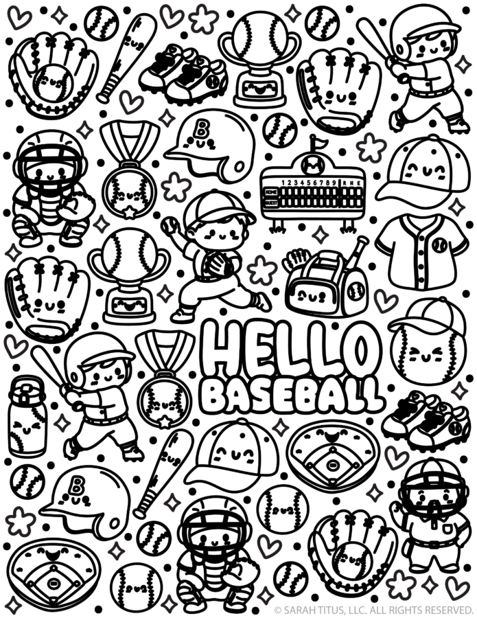 Hello Baseball coloring page printable with kawaii baseball gloves, bats, caps, trophies, cleats, scoreboard, players, and cute sports doodles.