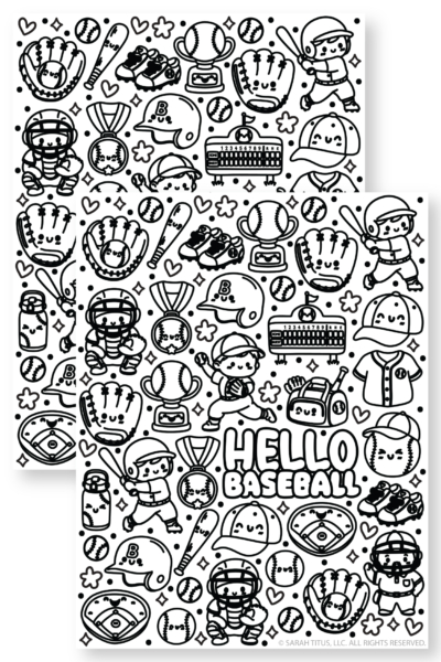 Two stacked Hello Baseball coloring page printables with cute kawaii baseball bats, gloves, caps, trophies, cleats, players, and sports doodles.