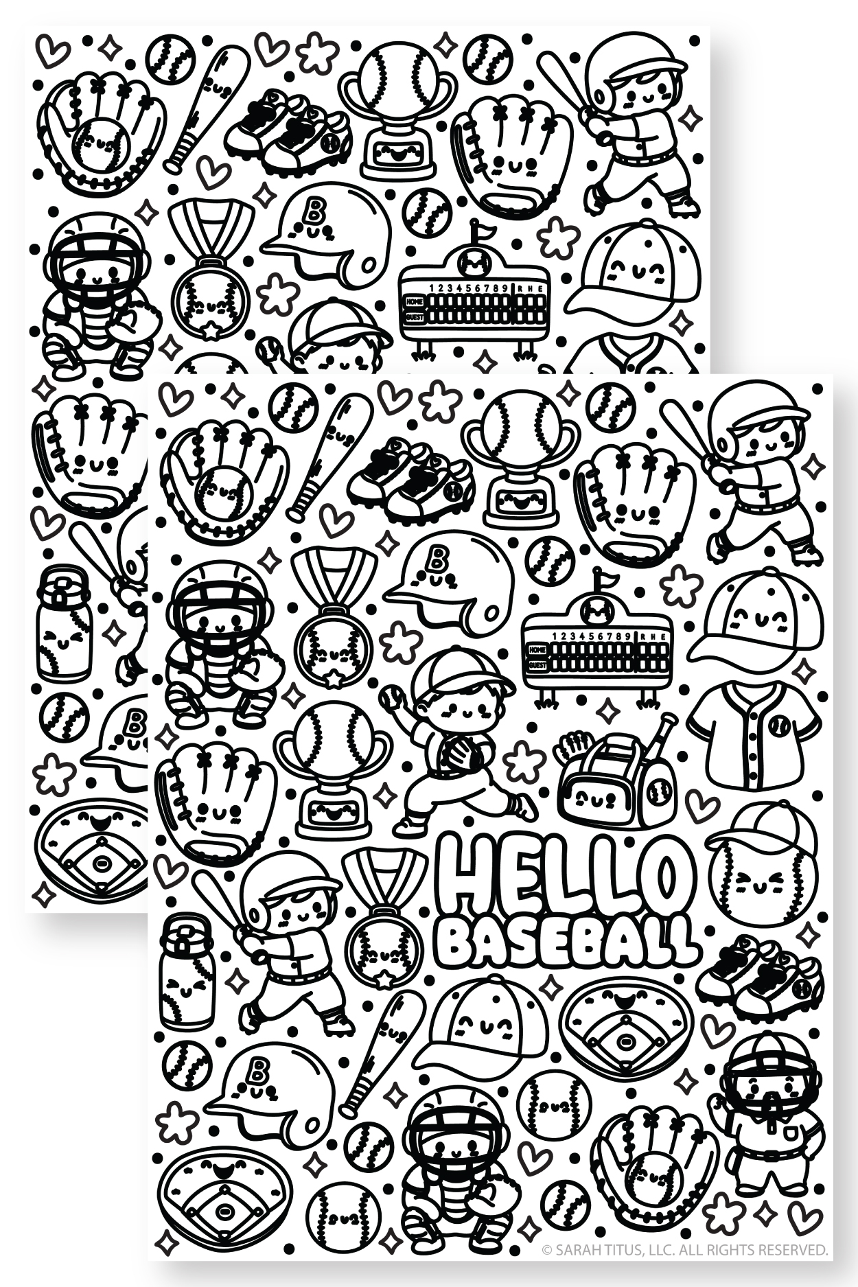 Two stacked Hello Baseball coloring page printables with cute kawaii baseball bats, gloves, caps, trophies, cleats, players, and sports doodles.