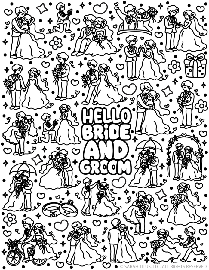 Hello Bride and Groom coloring page featuring cute wedding couples proposing, dancing, kissing, holding bouquets, exchanging rings, and celebrating their wedding day.