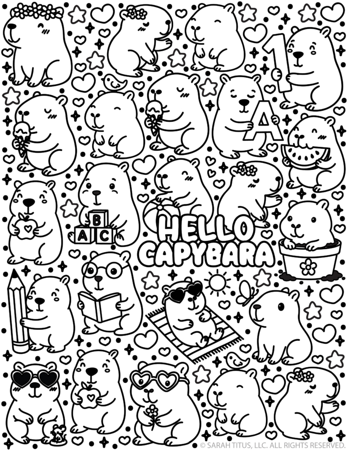 Free Hello Capybara coloring page featuring cute capybaras with hearts, stars, flowers, ABC blocks, ice cream, watermelon, sunglasses, and kawaii animal doodles.