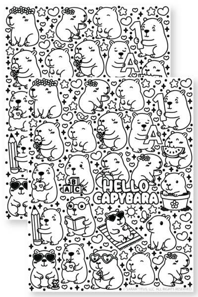 Black and white doodle style printable featuring multiple capybaras doing different activities like reading a book holding a pencil and eating ice cream alongside stars and hearts