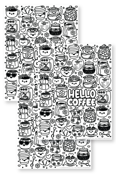 Stacked Hello Coffee coloring page printable mockup featuring kawaii coffee cups, espresso machines, coffee beans, a moka pot, latte art, and cozy cafe doodles.