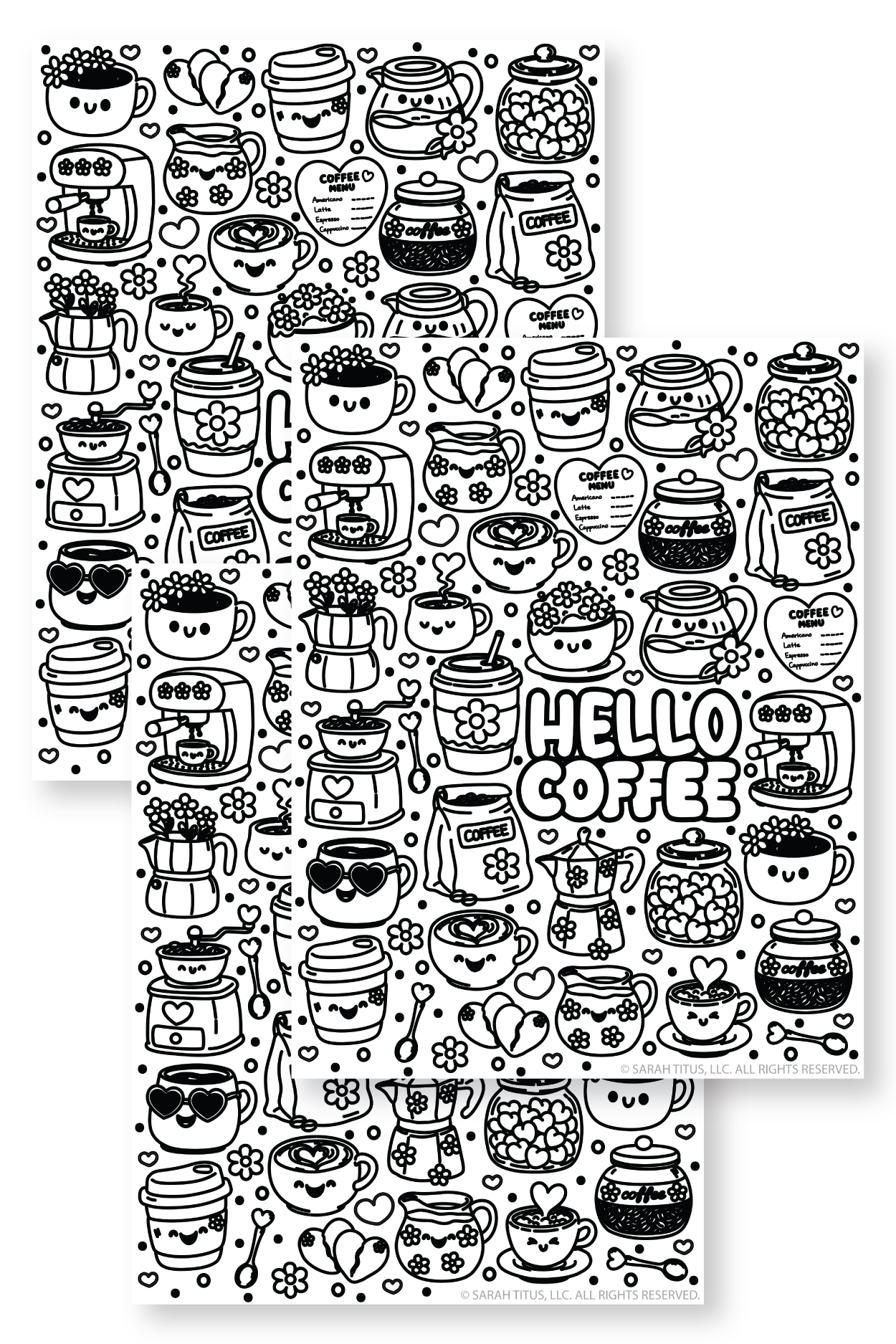 Stacked Hello Coffee coloring page printable mockup featuring kawaii coffee cups, espresso machines, coffee beans, a moka pot, latte art, and cozy cafe doodles.