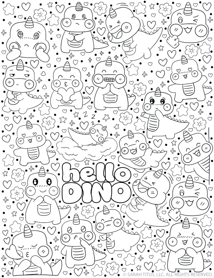 Hello Dino coloring page featuring adorable kawaii baby dinocorns with cute expressions, hearts, stars, flowers, and playful doodles.