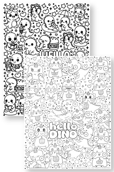 Two printable black and white coloring pages overlapping. The top page features cute dinocorns with hearts, stars, and the text hello DINO. The bottom page shows adorable dinosaurs doing activities like reading, painting, and eating ice cream.