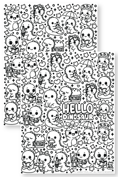 Free printable Hello Dinosaur coloring page preview with adorable kawaii dinosaur doodles, books, flowers, ice cream, hearts, stars, and cute colorable images.
