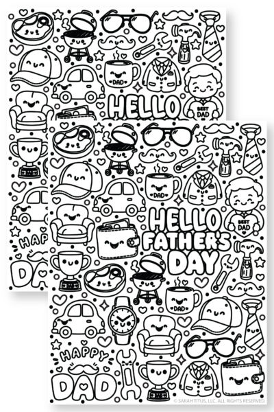 Black and white doodle art featuring kawaii style dad elements like grills steaks tools neckties armchairs and the words Hello Fathers Day in the center