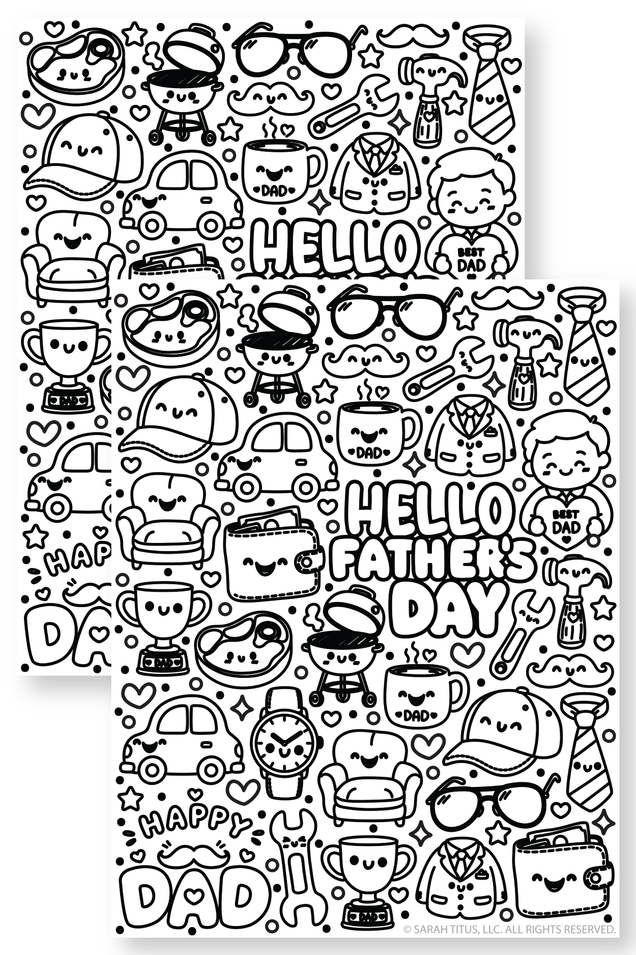 Black and white doodle art featuring kawaii style dad elements like grills steaks tools neckties armchairs and the words Hello Fathers Day in the center