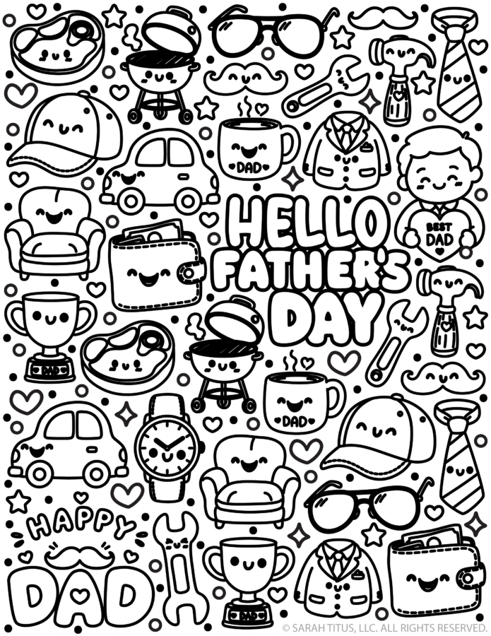 Hello Father’s Day coloring page with cute kawaii dad doodles including ties, tools, mugs, grill, car, trophy, wallet, mustaches, hearts, and stars.