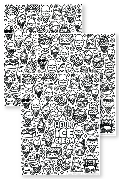 A black and white kawaii style coloring page featuring the words HELLO ICE CREAM surrounded by cute ice cream cones sundaes popsicles ice cream sandwiches and a little cart all with happy faces interspersed with small stars and flowers.