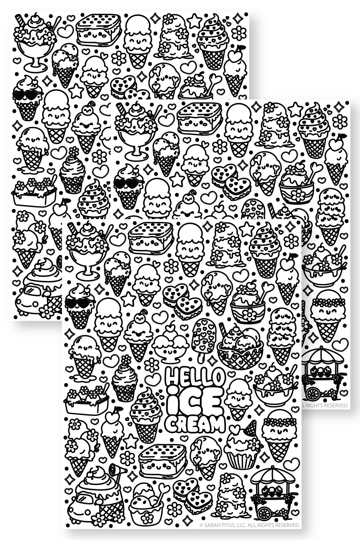 A black and white kawaii style coloring page featuring the words HELLO ICE CREAM surrounded by cute ice cream cones sundaes popsicles ice cream sandwiches and a little cart all with happy faces interspersed with small stars and flowers.